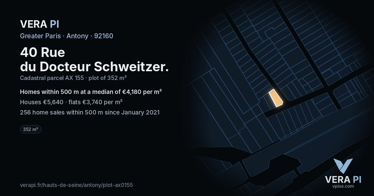 40 Rue du Docteur Schweitzer, Antony at night – the plot lit, the parcels around coloured by the prices near them