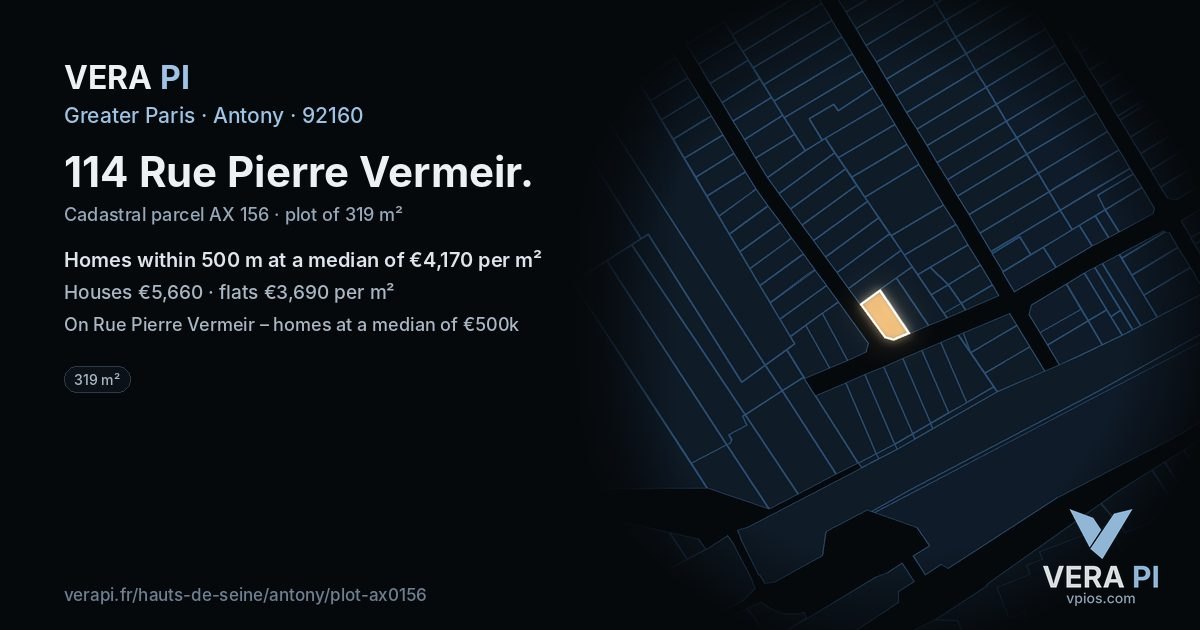 114 Rue Pierre Vermeir, Antony at night – the plot lit, the parcels around coloured by the prices near them