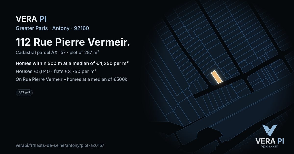 112 Rue Pierre Vermeir, Antony at night – the plot lit, the parcels around coloured by the prices near them
