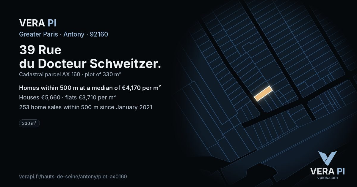 39 Rue du Docteur Schweitzer, Antony at night – the plot lit, the parcels around coloured by the prices near them