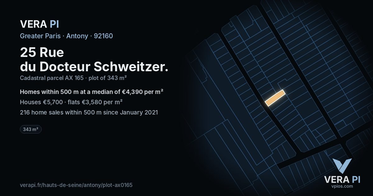 25 Rue du Docteur Schweitzer, Antony at night – the plot lit, the parcels around coloured by the prices near them