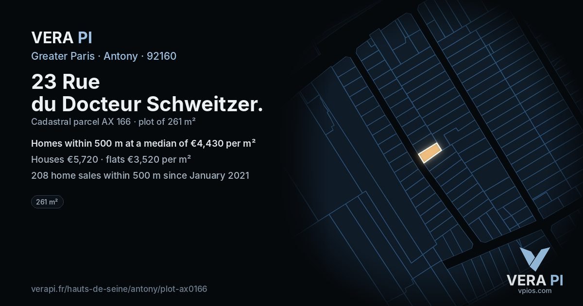 23 Rue du Docteur Schweitzer, Antony at night – the plot lit, the parcels around coloured by the prices near them
