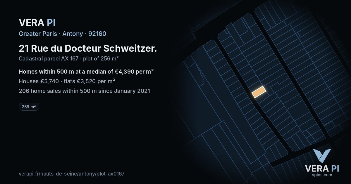 21 Rue du Docteur Schweitzer, Antony at night – the plot lit, the parcels around coloured by the prices near them