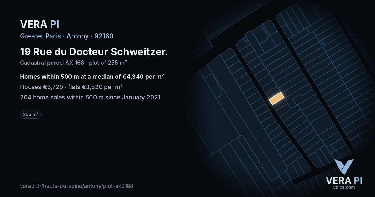 19 Rue du Docteur Schweitzer, Antony at night – the plot lit, the parcels around coloured by the prices near them