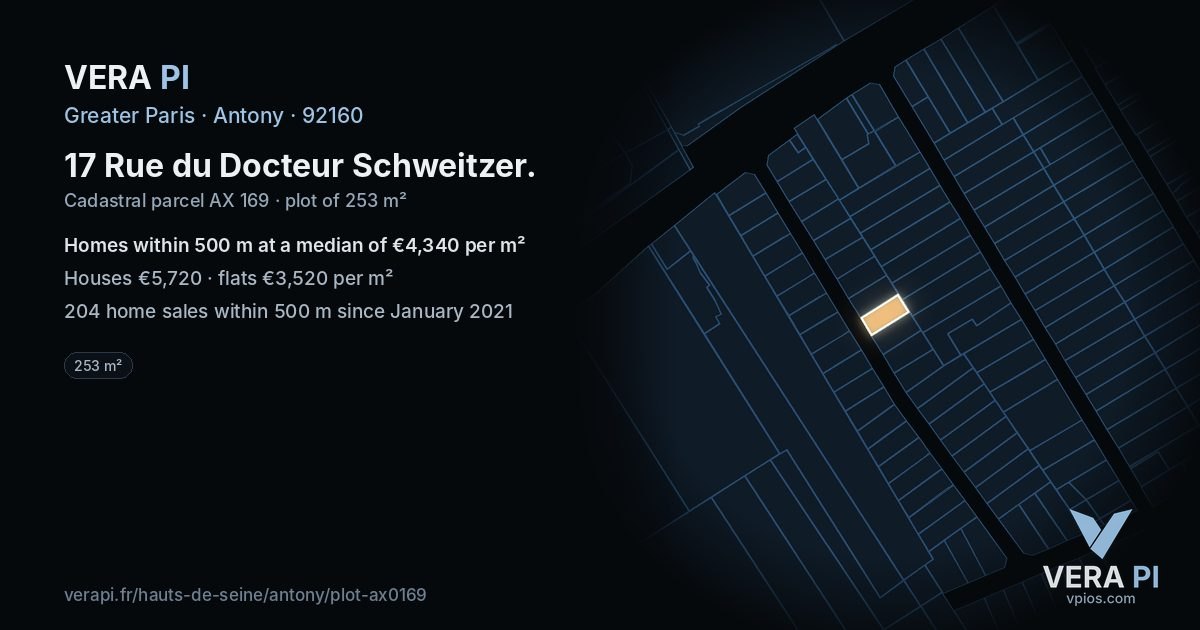 17 Rue du Docteur Schweitzer, Antony at night – the plot lit, the parcels around coloured by the prices near them