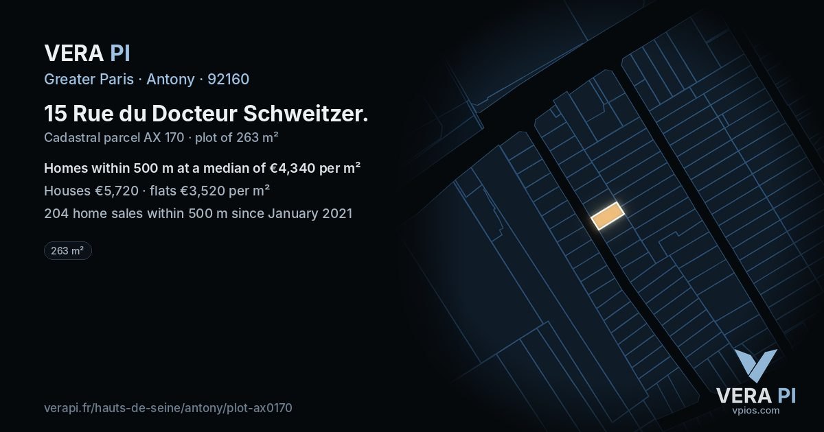15 Rue du Docteur Schweitzer, Antony at night – the plot lit, the parcels around coloured by the prices near them