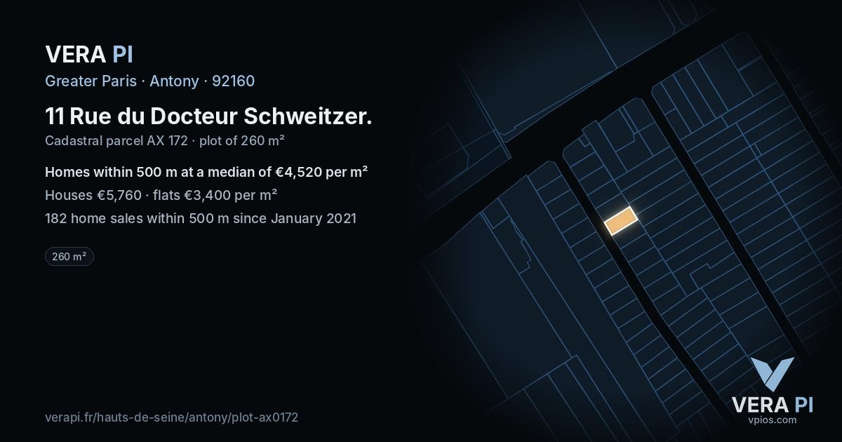11 Rue du Docteur Schweitzer, Antony at night – the plot lit, the parcels around coloured by the prices near them