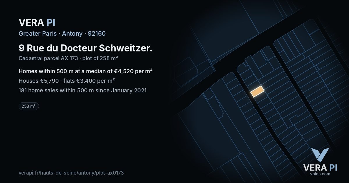 9 Rue du Docteur Schweitzer, Antony at night – the plot lit, the parcels around coloured by the prices near them