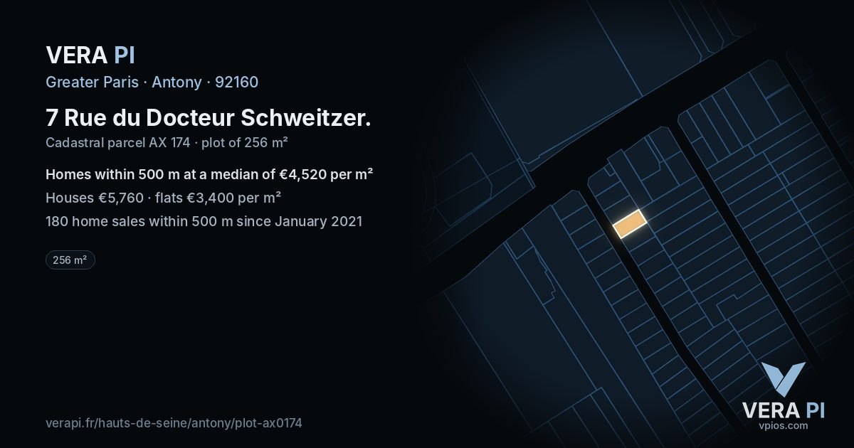 7 Rue du Docteur Schweitzer, Antony at night – the plot lit, the parcels around coloured by the prices near them
