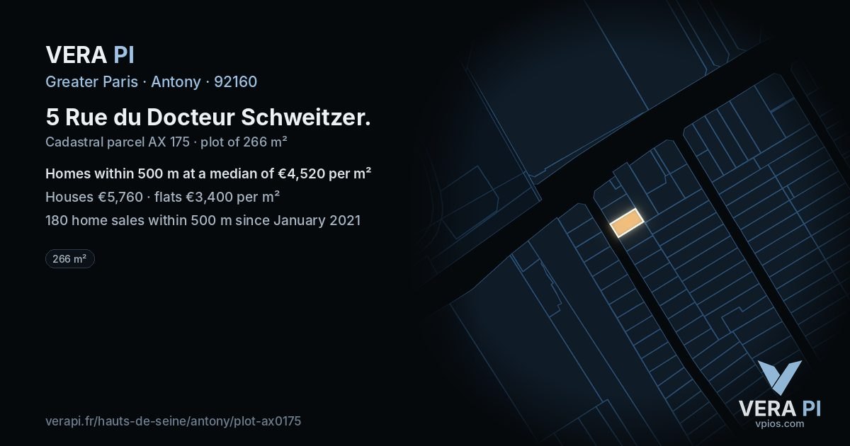 5 Rue du Docteur Schweitzer, Antony at night – the plot lit, the parcels around coloured by the prices near them