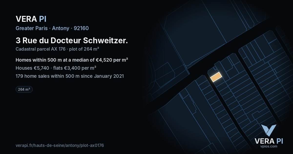 3 Rue du Docteur Schweitzer, Antony at night – the plot lit, the parcels around coloured by the prices near them