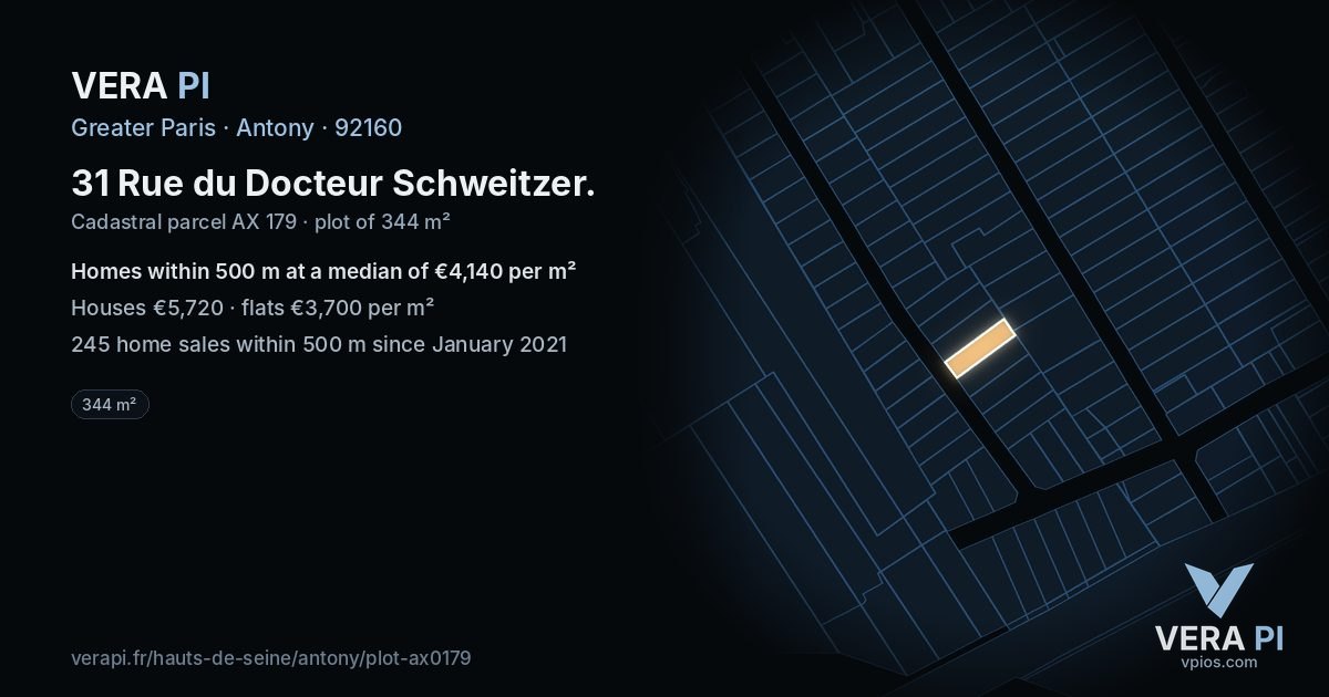 31 Rue du Docteur Schweitzer, Antony at night – the plot lit, the parcels around coloured by the prices near them
