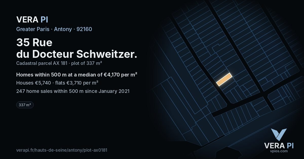 35 Rue du Docteur Schweitzer, Antony at night – the plot lit, the parcels around coloured by the prices near them