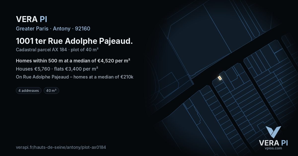1001 ter Rue Adolphe Pajeaud, Antony at night – the plot lit, the parcels around coloured by the prices near them