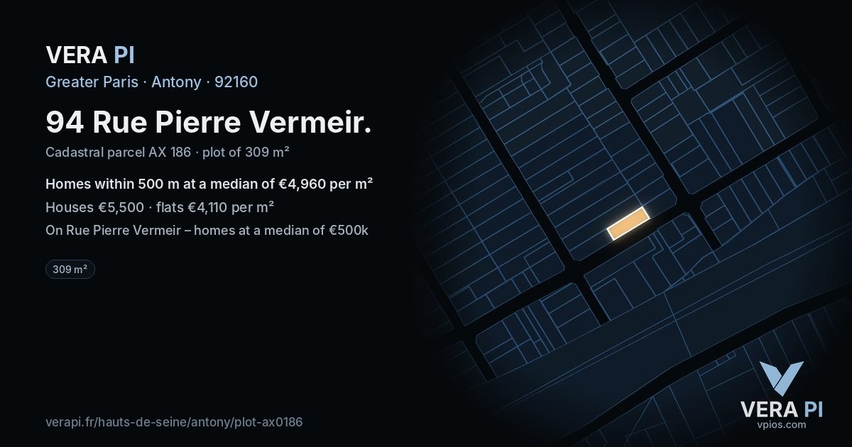 94 Rue Pierre Vermeir, Antony at night – the plot lit, the parcels around coloured by the prices near them