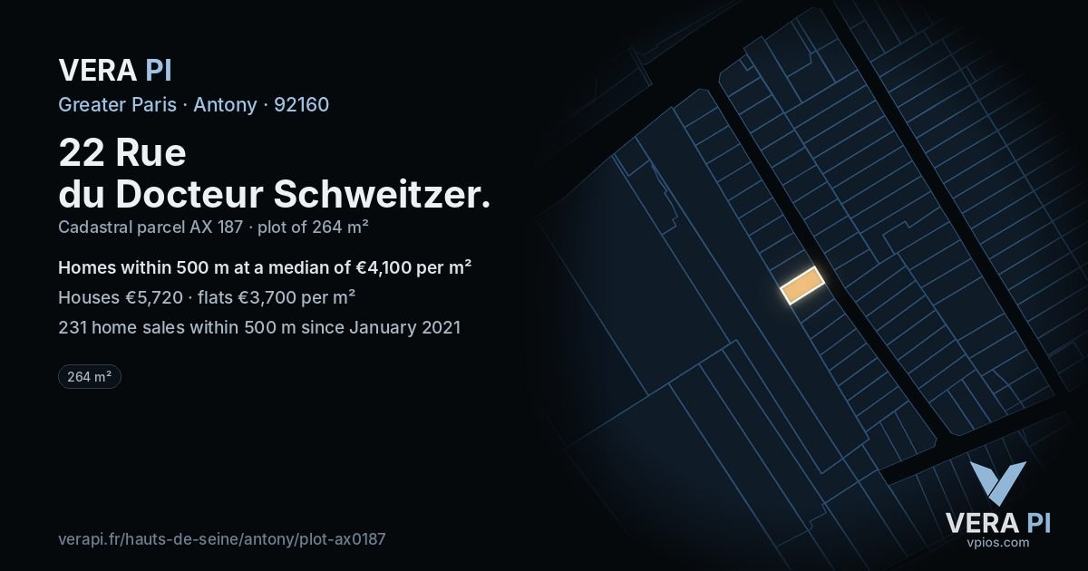 22 Rue du Docteur Schweitzer, Antony at night – the plot lit, the parcels around coloured by the prices near them