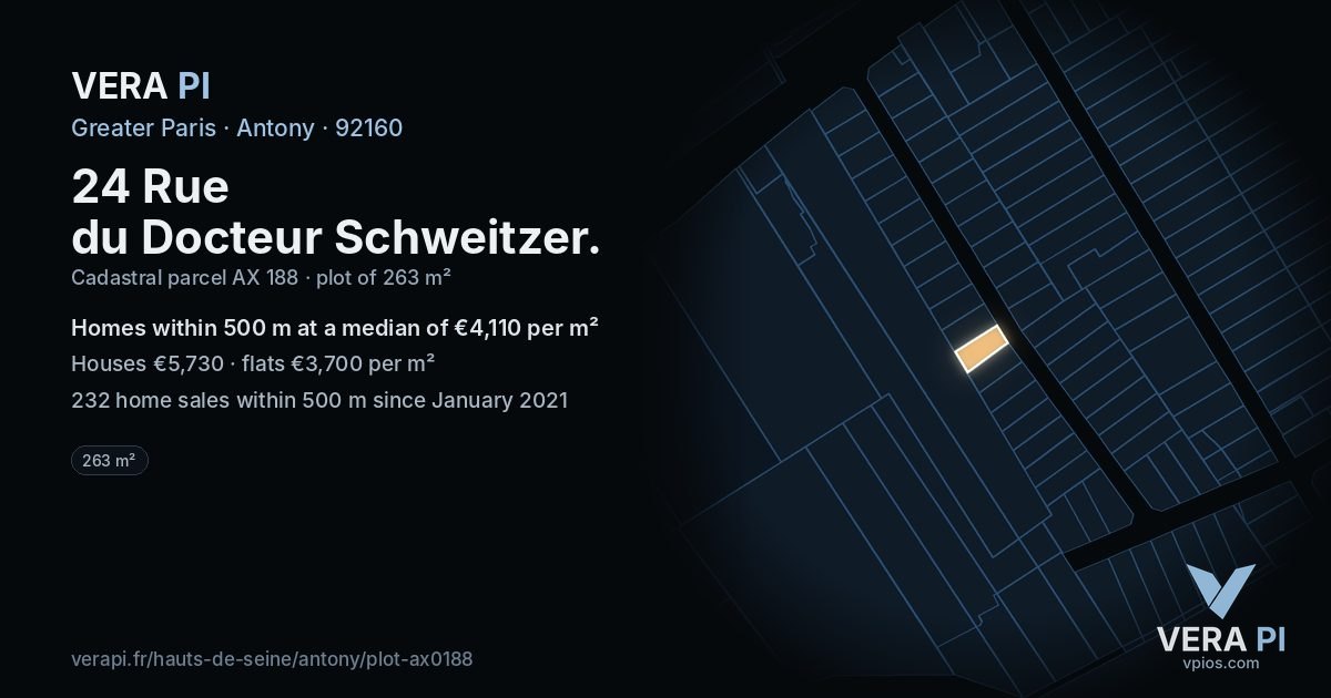 24 Rue du Docteur Schweitzer, Antony at night – the plot lit, the parcels around coloured by the prices near them