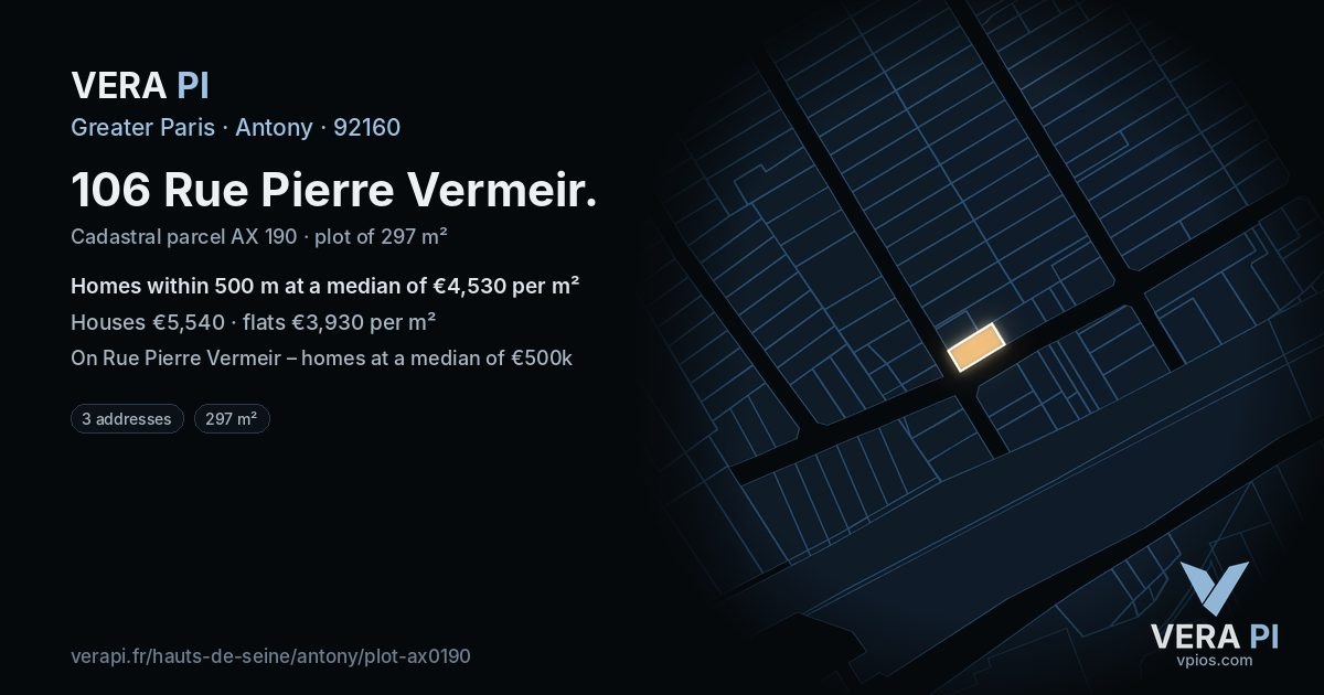 106 Rue Pierre Vermeir, Antony at night – the plot lit, the parcels around coloured by the prices near them