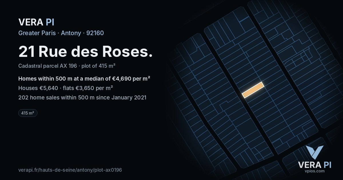 21 Rue des Roses, Antony at night – the plot lit, the parcels around coloured by the prices near them