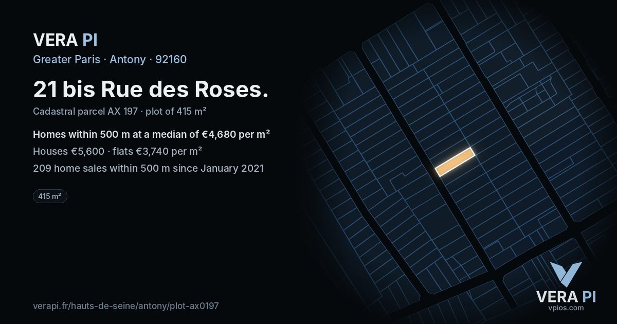 21 bis Rue des Roses, Antony at night – the plot lit, the parcels around coloured by the prices near them