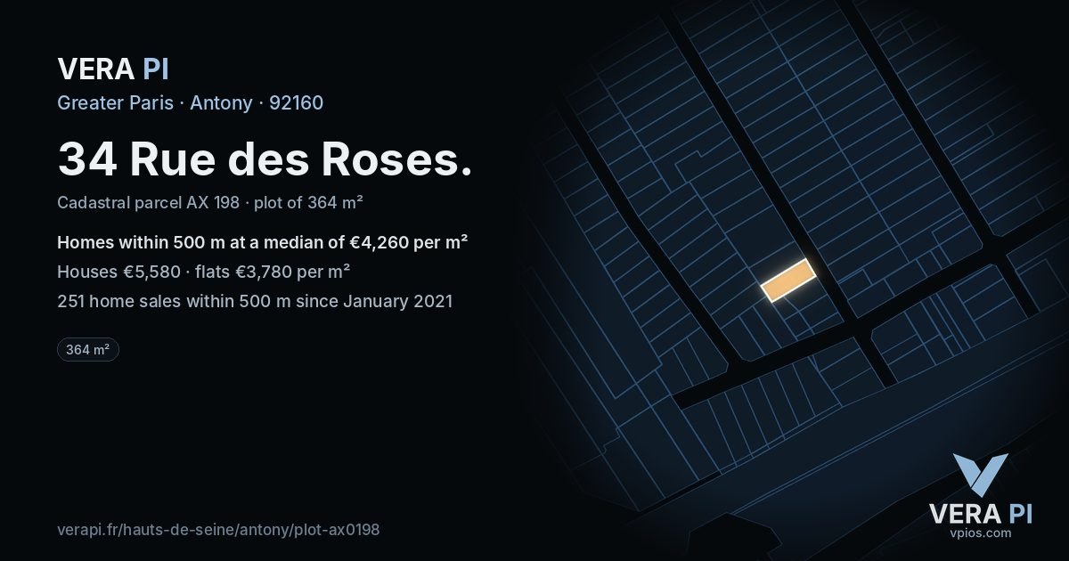 34 Rue des Roses, Antony at night – the plot lit, the parcels around coloured by the prices near them