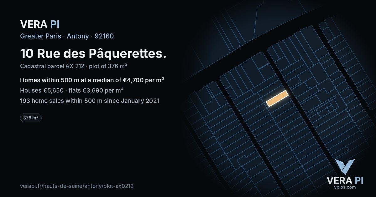 10 Rue des Pâquerettes, Antony at night – the plot lit, the parcels around coloured by the prices near them