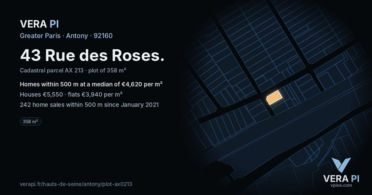 43 Rue des Roses, Antony at night – the plot lit, the parcels around coloured by the prices near them
