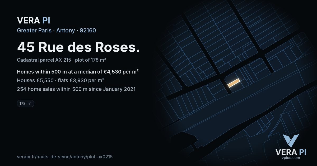 45 Rue des Roses, Antony at night – the plot lit, the parcels around coloured by the prices near them