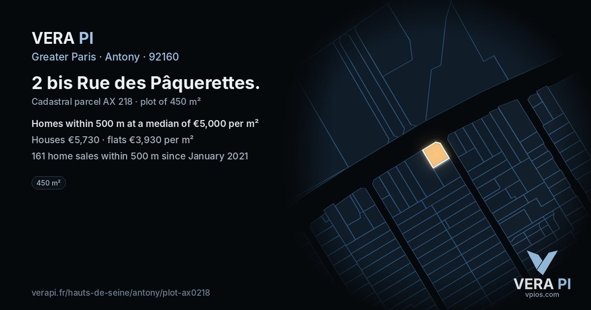 2 bis Rue des Pâquerettes, Antony at night – the plot lit, the parcels around coloured by the prices near them