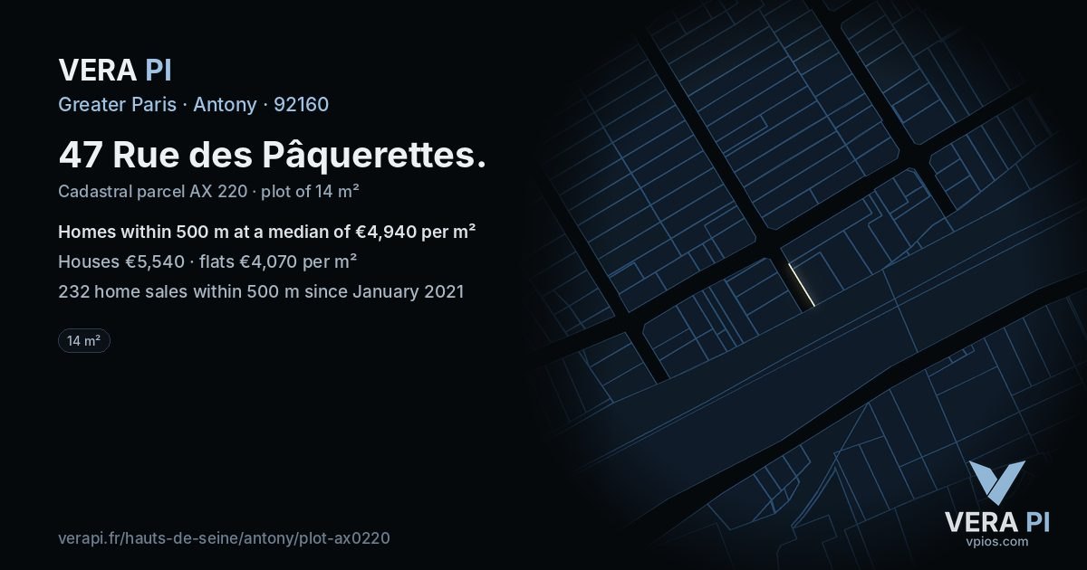 47 Rue des Pâquerettes, Antony at night – the plot lit, the parcels around coloured by the prices near them