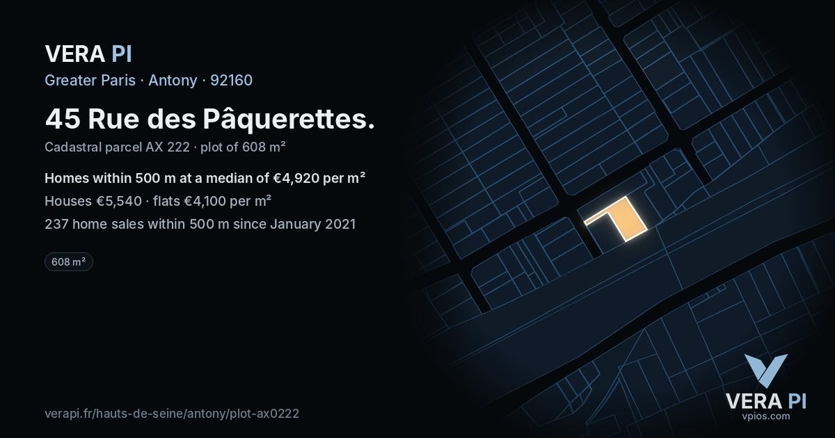 45 Rue des Pâquerettes, Antony at night – the plot lit, the parcels around coloured by the prices near them