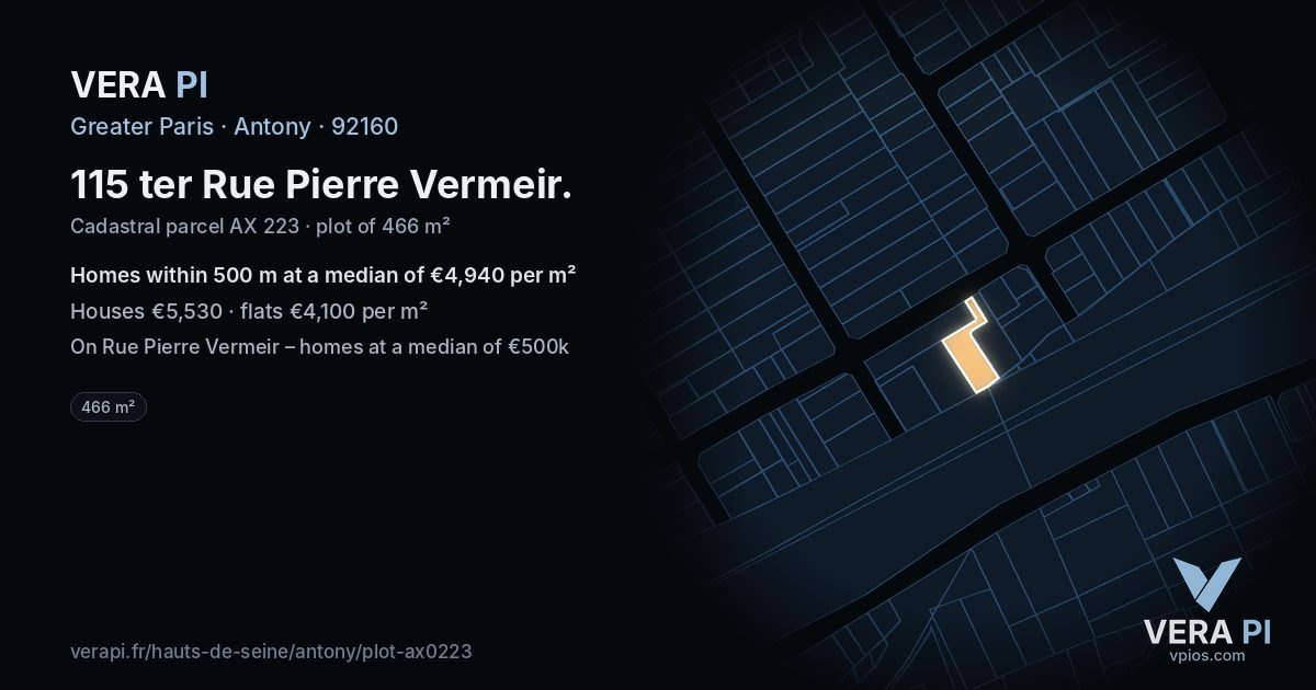 115 ter Rue Pierre Vermeir, Antony at night – the plot lit, the parcels around coloured by the prices near them