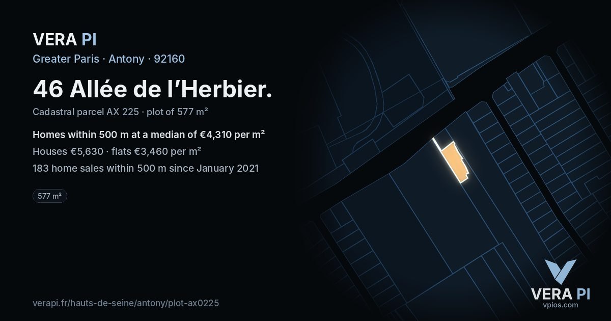 46 Allée de l’Herbier, Antony at night – the plot lit, the parcels around coloured by the prices near them