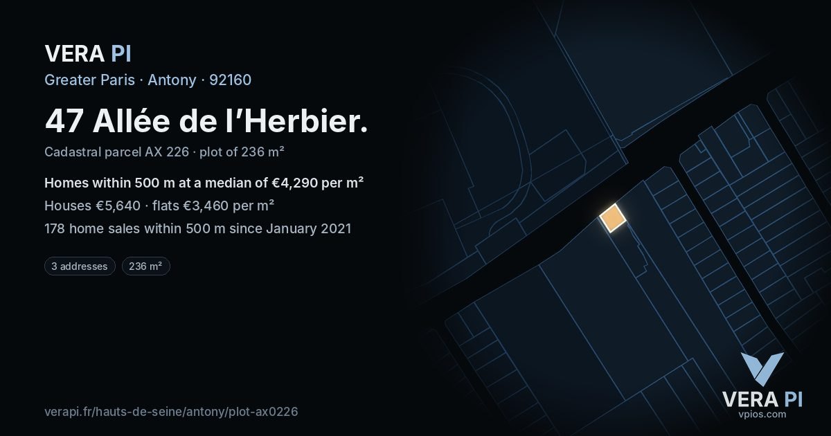 47 Allée de l’Herbier, Antony at night – the plot lit, the parcels around coloured by the prices near them