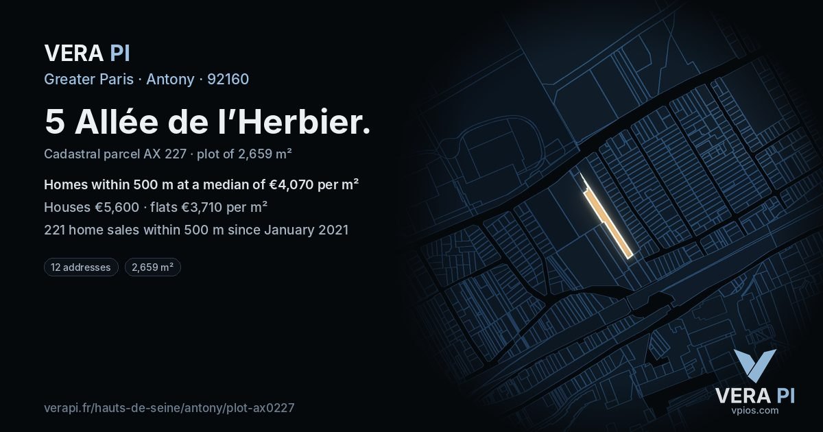 5 Allée de l’Herbier, Antony at night – the plot lit, the parcels around coloured by the prices near them