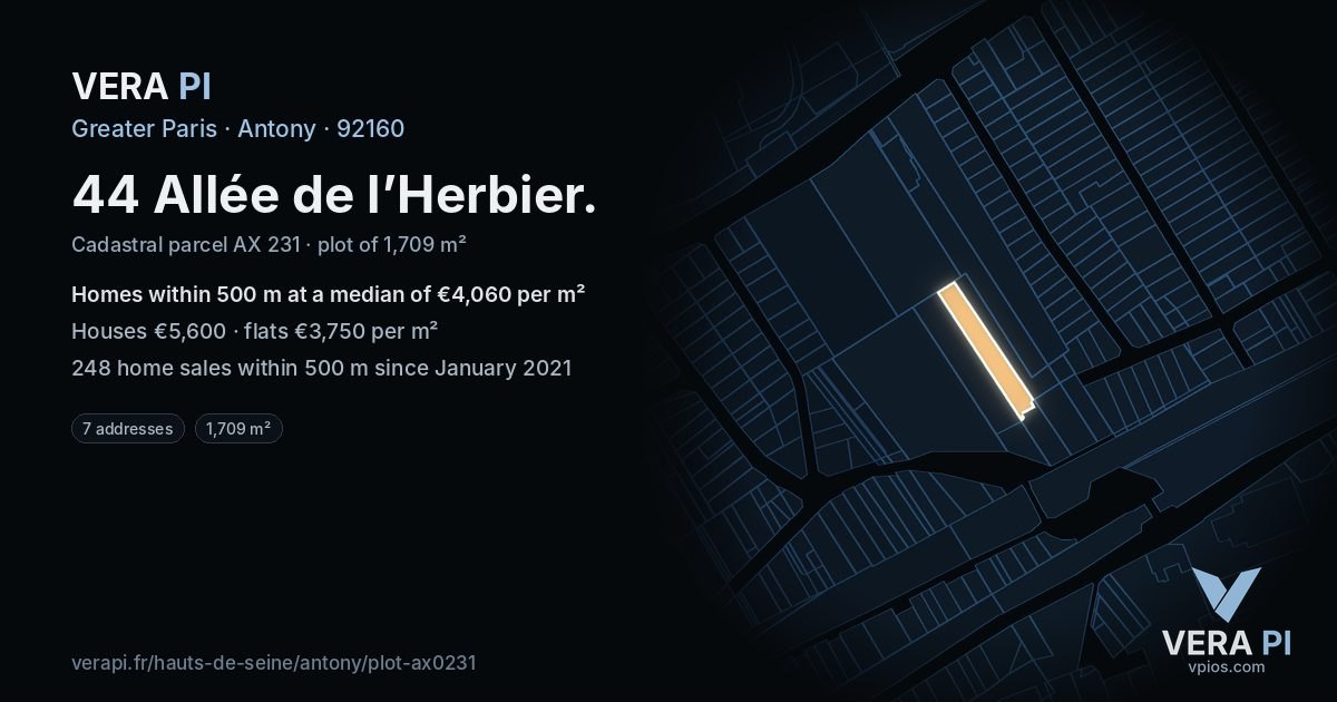 44 Allée de l’Herbier, Antony at night – the plot lit, the parcels around coloured by the prices near them