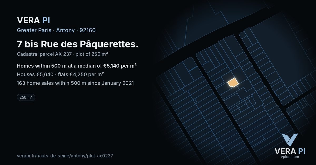 7 bis Rue des Pâquerettes, Antony at night – the plot lit, the parcels around coloured by the prices near them