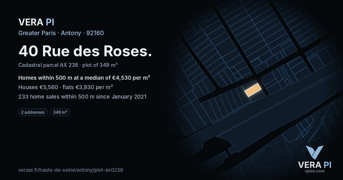 40 Rue des Roses, Antony at night – the plot lit, the parcels around coloured by the prices near them