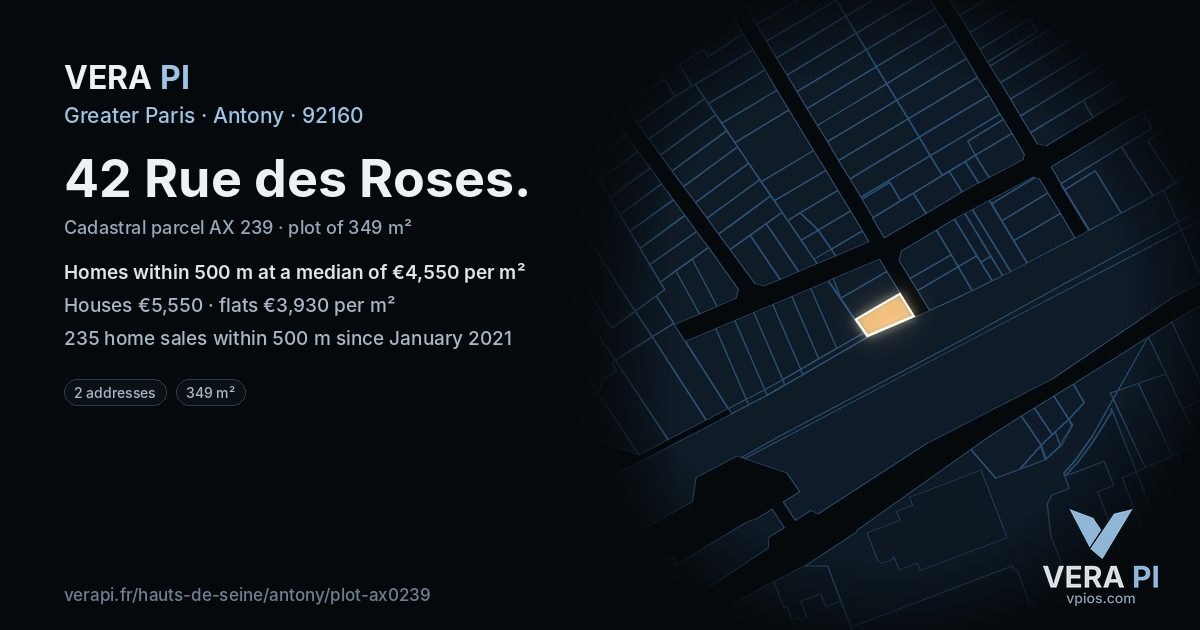 42 Rue des Roses, Antony at night – the plot lit, the parcels around coloured by the prices near them