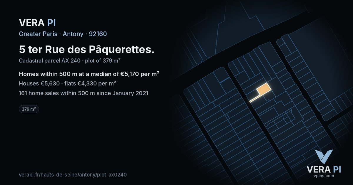 5 ter Rue des Pâquerettes, Antony at night – the plot lit, the parcels around coloured by the prices near them