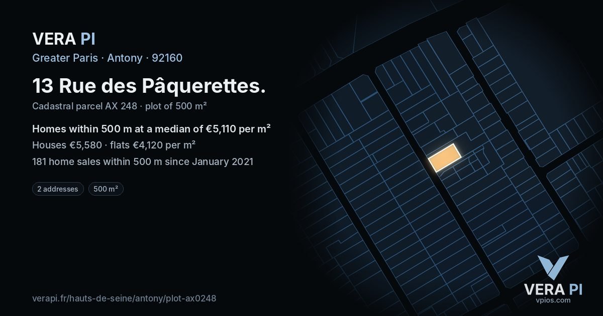 13 Rue des Pâquerettes, Antony at night – the plot lit, the parcels around coloured by the prices near them