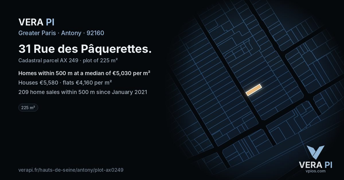 31 Rue des Pâquerettes, Antony at night – the plot lit, the parcels around coloured by the prices near them
