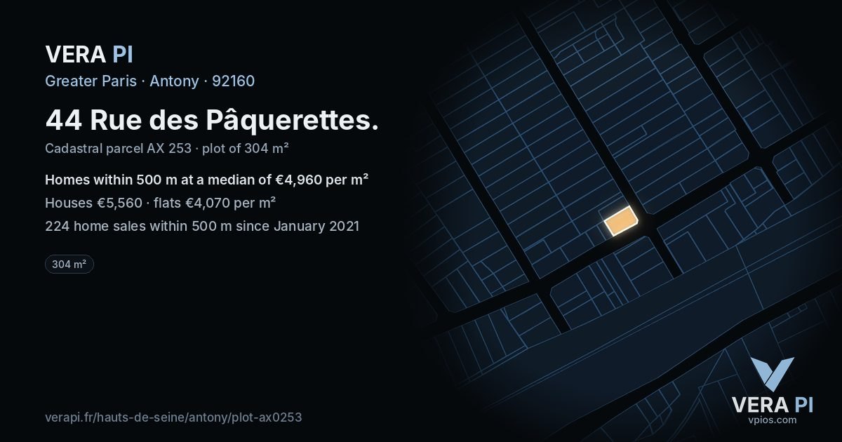 44 Rue des Pâquerettes, Antony at night – the plot lit, the parcels around coloured by the prices near them