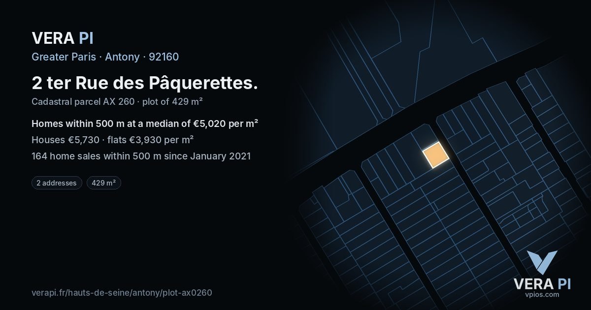 2 ter Rue des Pâquerettes, Antony at night – the plot lit, the parcels around coloured by the prices near them