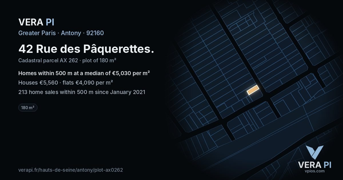 42 Rue des Pâquerettes, Antony at night – the plot lit, the parcels around coloured by the prices near them
