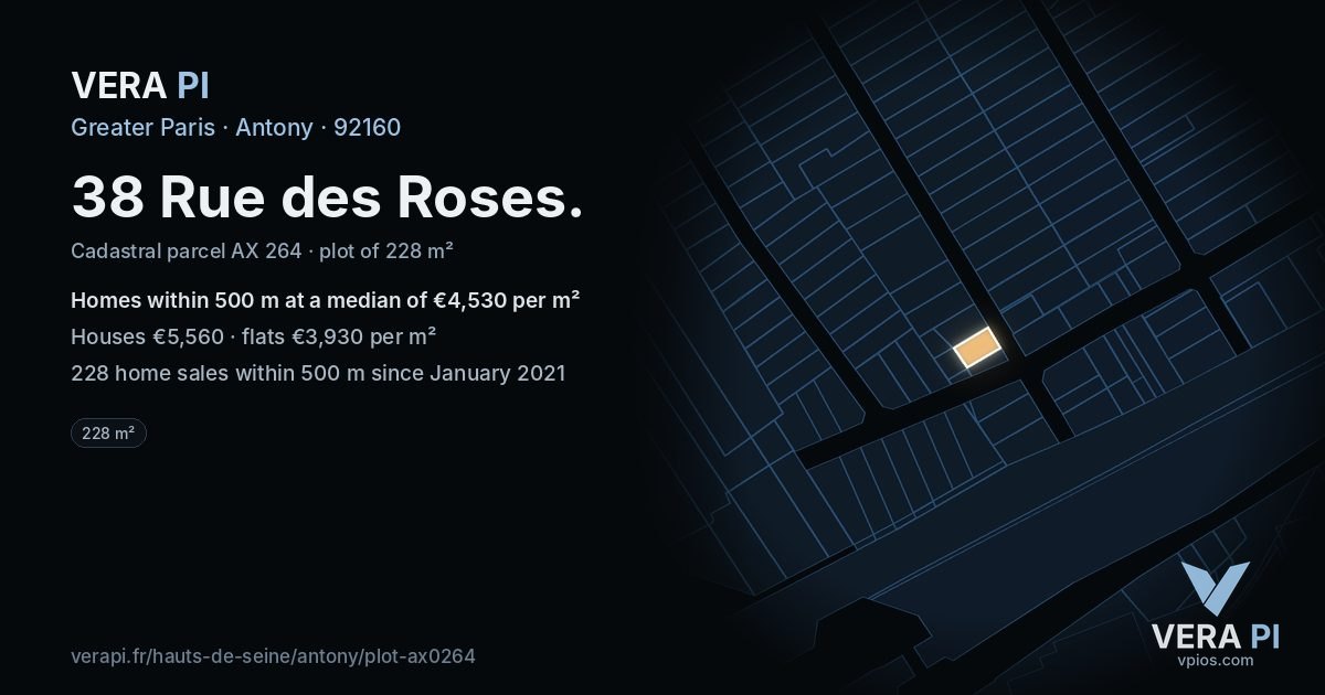 38 Rue des Roses, Antony at night – the plot lit, the parcels around coloured by the prices near them