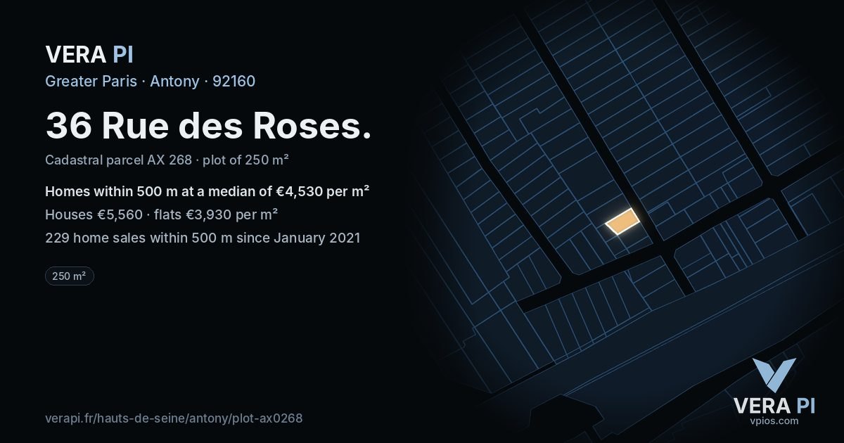 36 Rue des Roses, Antony at night – the plot lit, the parcels around coloured by the prices near them