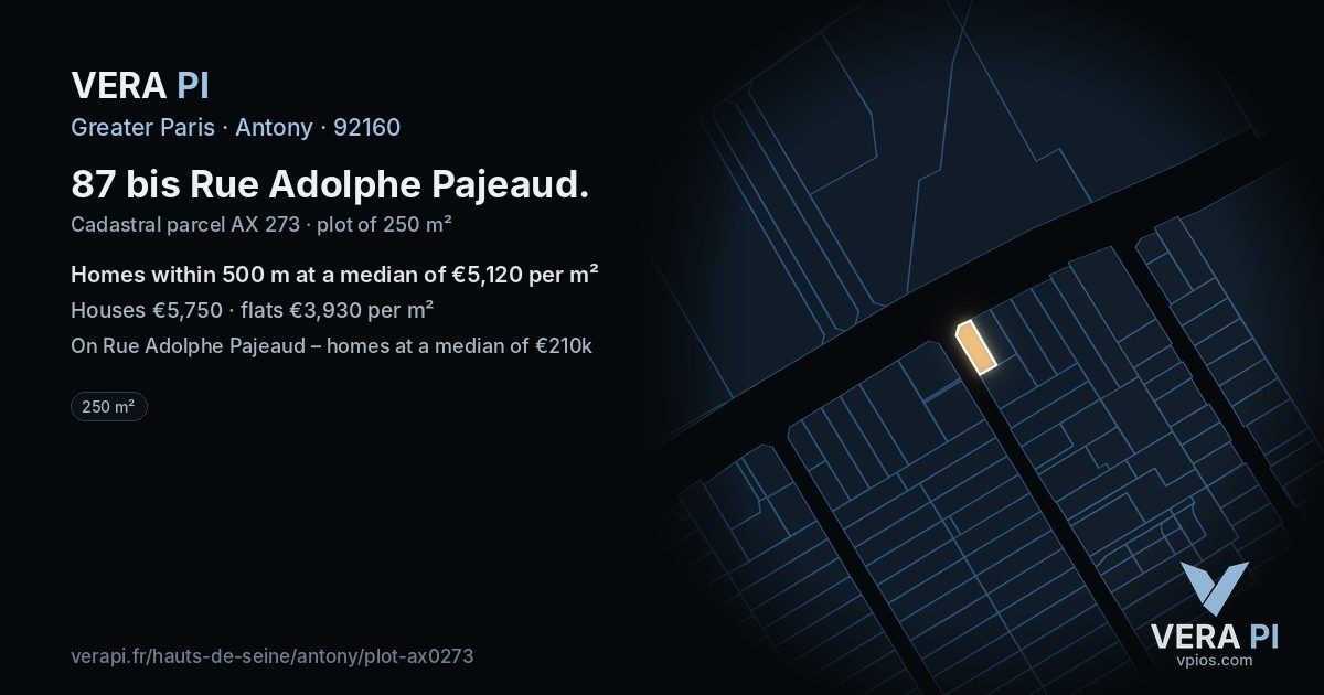 87 bis Rue Adolphe Pajeaud, Antony at night – the plot lit, the parcels around coloured by the prices near them