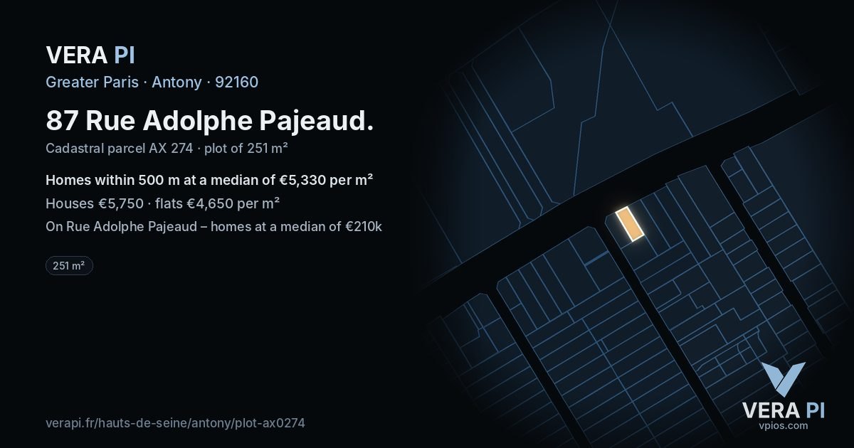 87 Rue Adolphe Pajeaud, Antony at night – the plot lit, the parcels around coloured by the prices near them