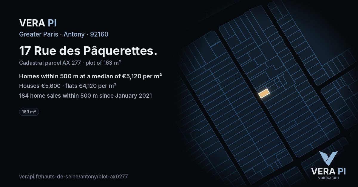 17 Rue des Pâquerettes, Antony at night – the plot lit, the parcels around coloured by the prices near them